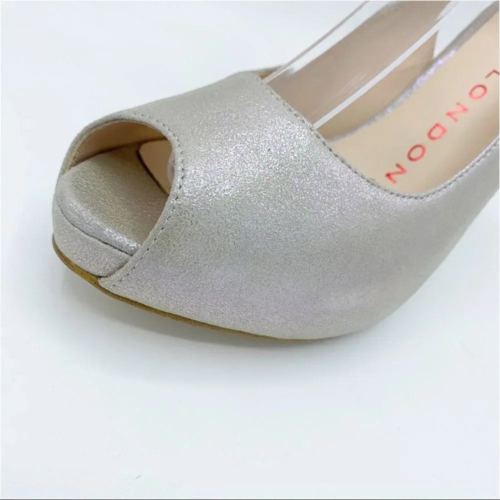 Lulu Townsend‎ Tara Iridescent Silver Sling Back Peep Toe Platform Evening Heels